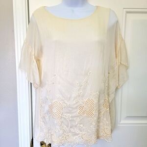 Via Signoria Made In Italy Silk Viscose Short Sleeve Sheer Lined Blouse Ivory M